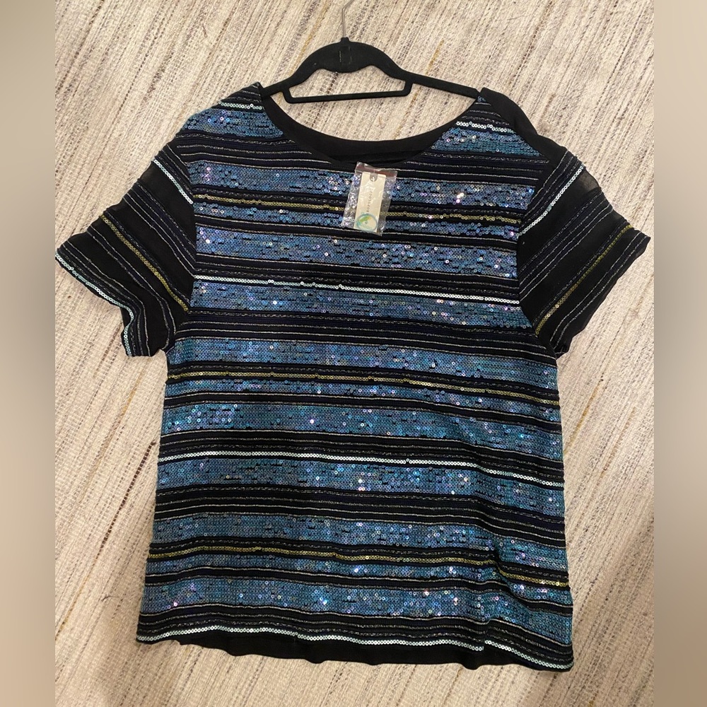 Anthropologie blue and green sequined blouse.